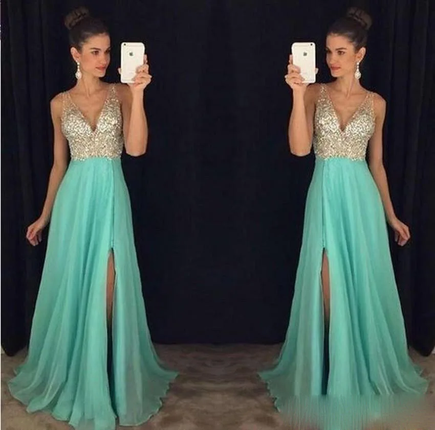 Elegant Long V Neck Prom Dresses Sleeveless Sweep Train Chiffon Side Slit A-line Formal Evening Dresses Gown vestido de noche
Elegant Long V Neck Prom Dresses Sleeveless Sweep Train Chiffon Side Slit A-line Formal Evening Dresses Gown vestido de noche