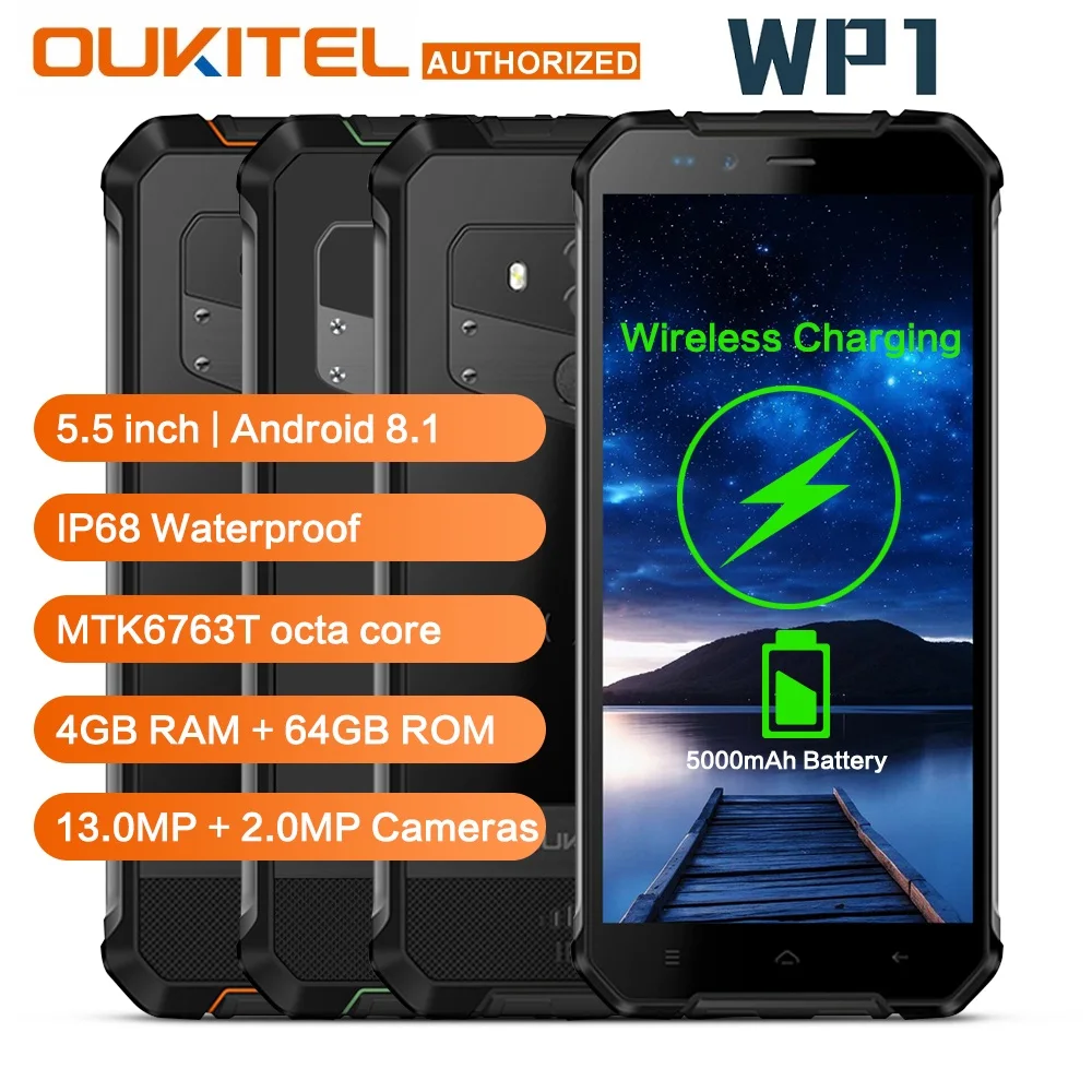 

OUKITEL WP1 IP68 Waterproof Wireless Charging Mobile Phone 5.5 inch Android 8.1 Octa Core 4GB RAM 64GB ROM 5000mAh 4G Smartphone