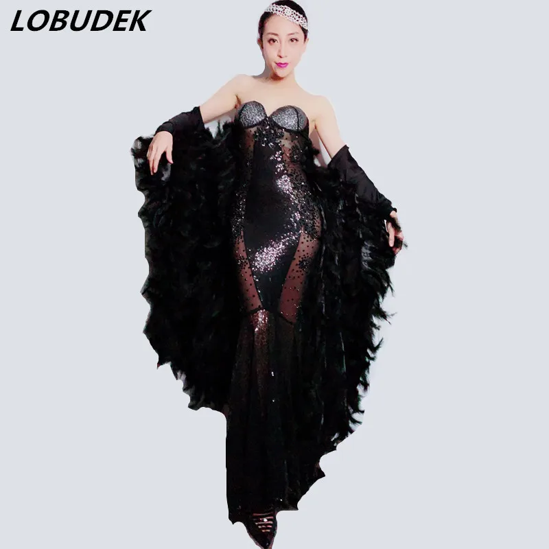 Sexy Black Feathers Bat Sleeve Sequins Crystals Strapless Dress Prom Celebration Star Singer Stage Outfit Model Catwalk Costume
Sexy Black Feathers Bat Sleeve Sequins Crystals Strapless Dress Prom Celebration Star Singer Stage Outfit Model Catwalk Costume