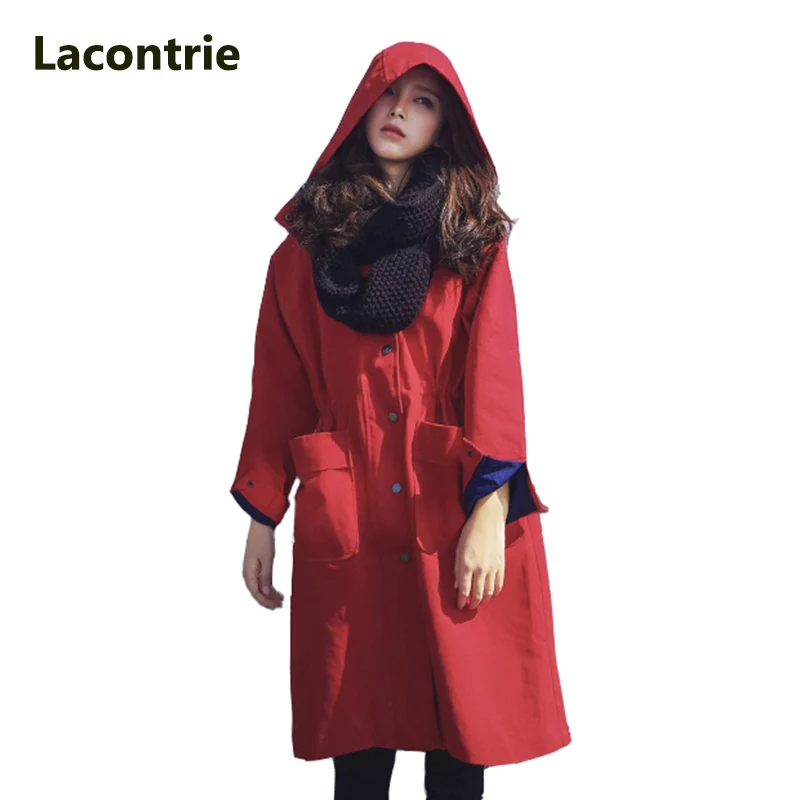 Image Lacontrie Women Windbreaker 2017 New Loose Casual Women Trenchcoat Big Pockets Red Trench coat Fashion Ladies Hooded Trench T066