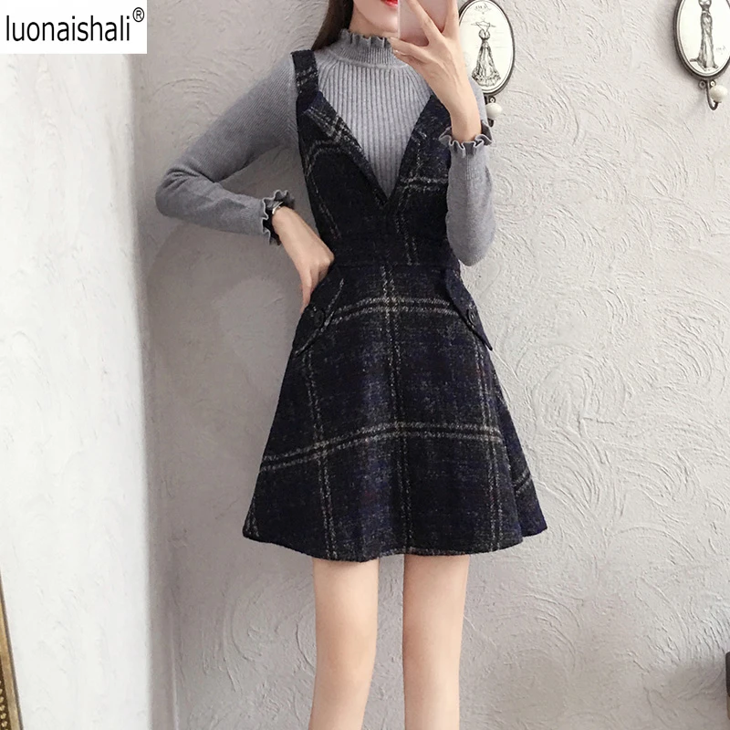 Sweet Fashion Women Two Pieces Dresses Solid Color Turtle Neck Fitted Sweater Top Plaid Pattern V Neck A-Line Woolen Dress Z683
Sweet Fashion Women Two Pieces Dresses Solid Color Turtle Neck Fitted Sweater Top Plaid Pattern V Neck A-Line Woolen Dress Z683