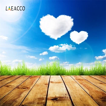 

Laeacco Blue Sky Cloudy Love Heart Wooden Board Grass Baby Portrait Photo Backgrounds Photographic Backdrops For Photo Studio