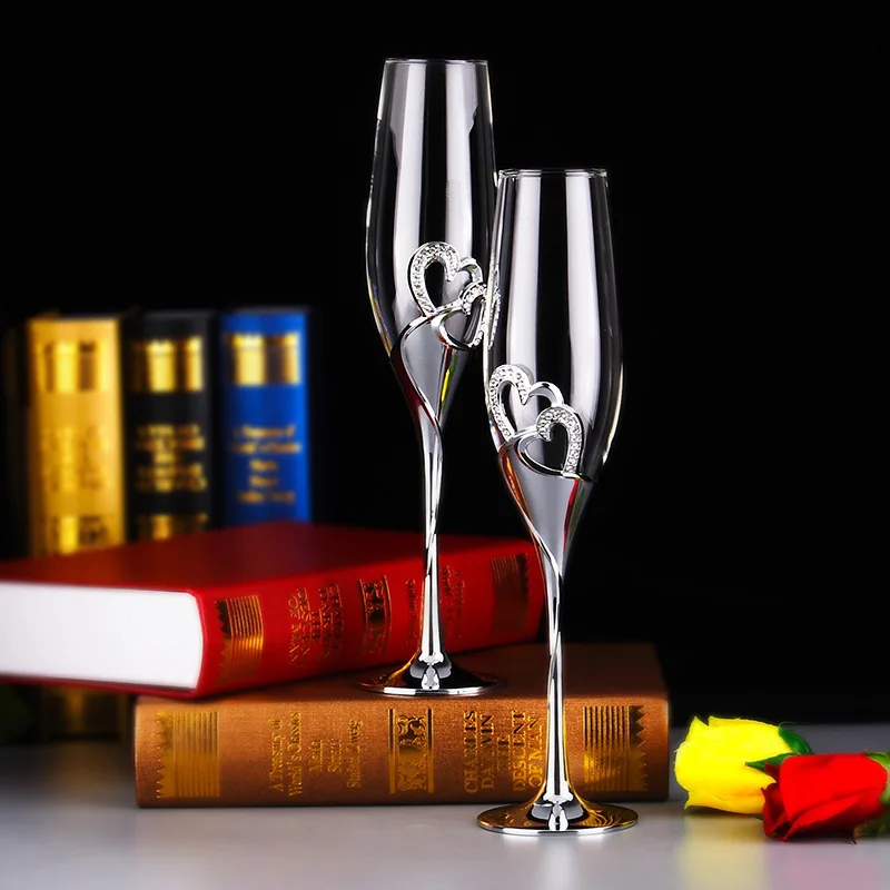 Image a pair of crystal champagne glasses for wine whiskey beer drink,wedding glassware,stainless steel flute for bride and groom