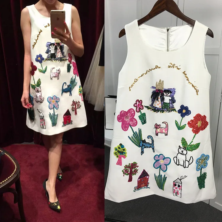 Summer Dress Women 2017 Luxury Brand Handmade Embroidery Beading Dress Paillette Cute White Sleeveless A Line Dress
Summer Dress Women 2017 Luxury Brand Handmade Embroidery Beading Dress Paillette Cute White Sleeveless A Line Dress