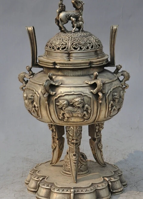 

song voge gem S4169 13" Chinese Silver Dynasty Dragon Lion PiXiu Beast Statue Incense Burner Censer