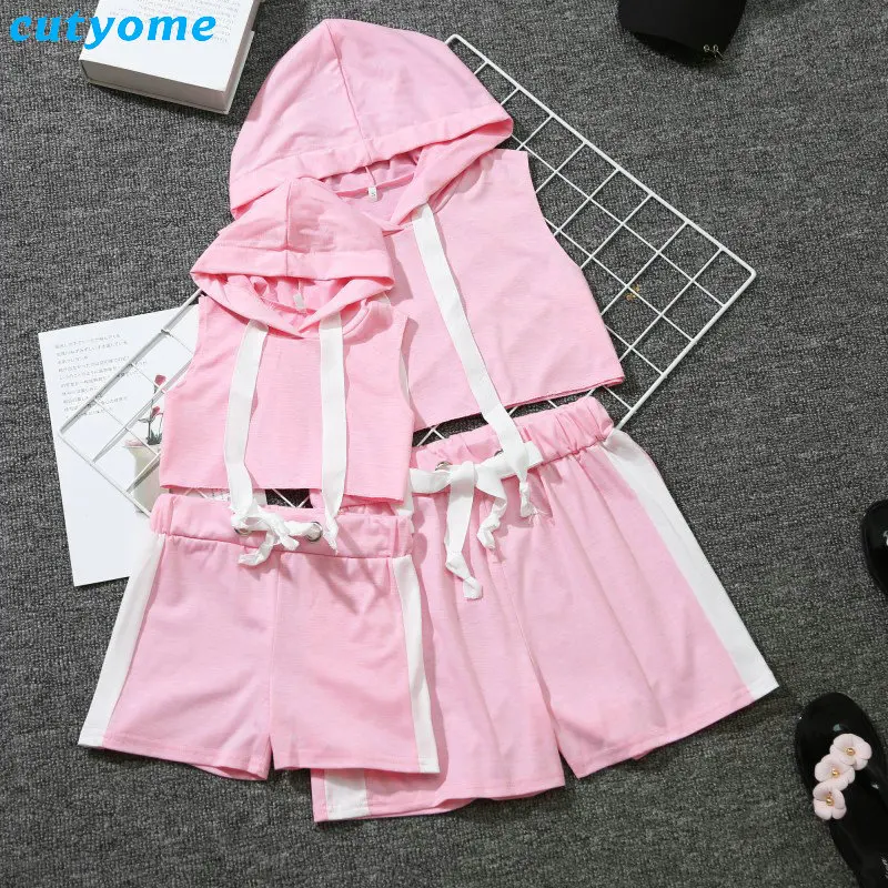 Mommy And Me Summer Sport Mathing Clothing Set Sleeveless Hooded tshirt+Cotton Skirt For Family Mother Daughter Clothes Outfits (13)