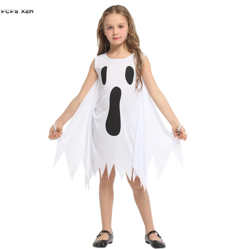 

Girls Fiend White Ghost Cosplay Kid Children Halloween Hell Devil Scary Costume Carnival Purim stage play Masquerade party dress