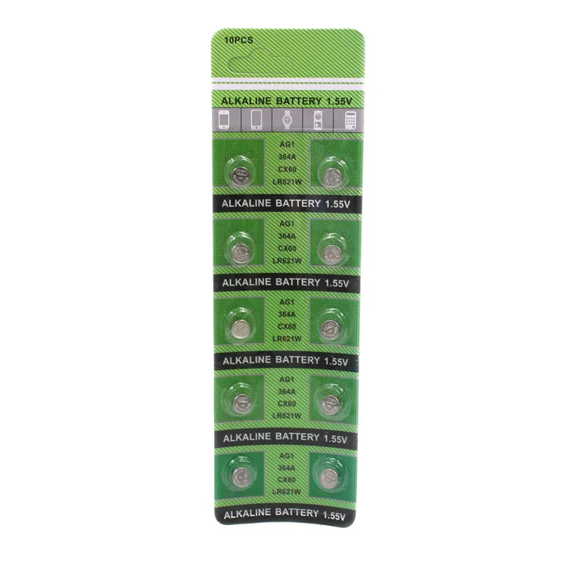 10pcs/card ag1 364 battery 1.55V AG1 SR621SW Alkaline batteries LR621 621 LR60 CX60 button cell batteries
10pcs/card ag1 364 battery 1.55V AG1 SR621SW Alkaline batteries LR621 621 LR60 CX60 button cell batteries