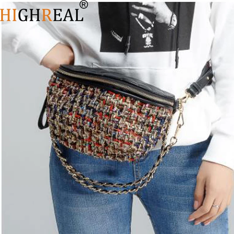 

Multi Use Tweed Check Quilted Plaid Chain Waist Bags Shoulder Crossbody Bags Fashion Vintage Women Female Street Rock Phone