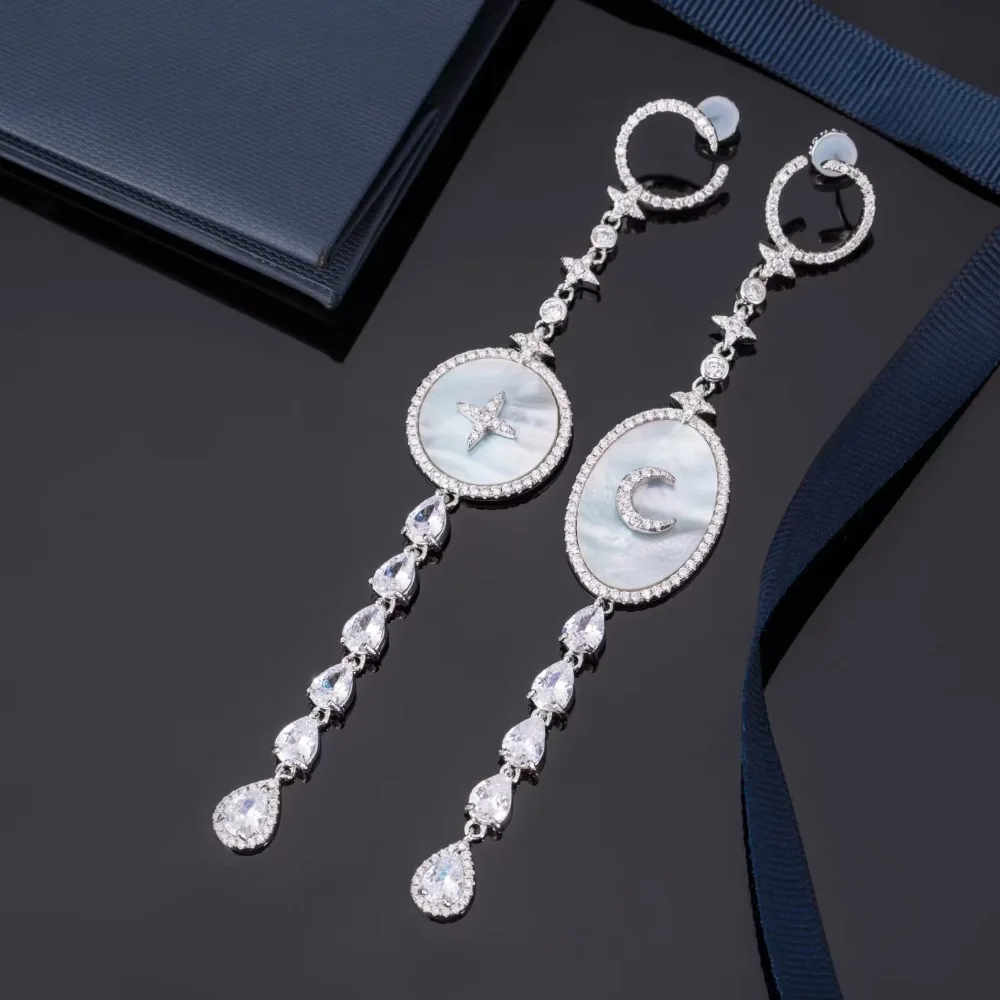 

Fashion Simple Wedding White Shell Drop Earrings for Women Zircon Bridal Long Hanging Moon Star Earrings Engagement Jewelry ZK40
