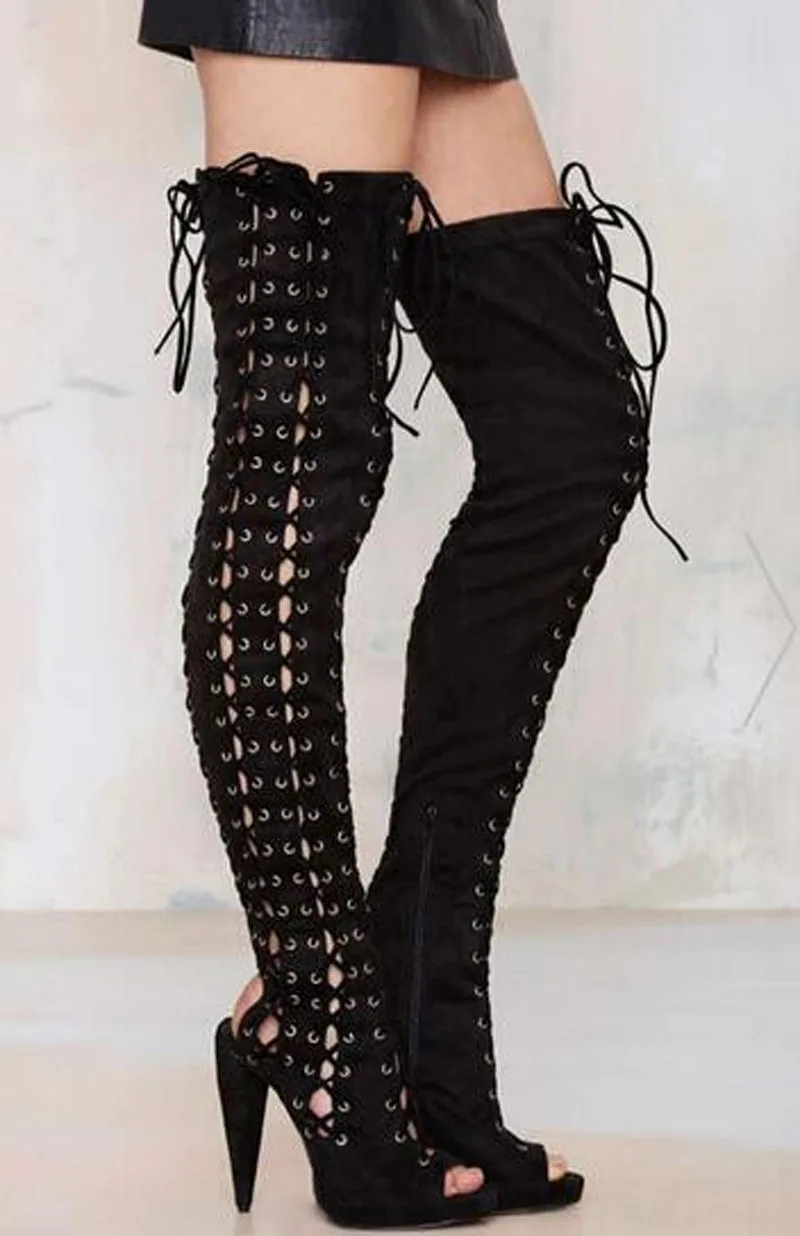 

Spring New Fashion Women Open Toe Black Suede Leather Over Knee Gladiator Boots Cut-out Spike Heel Long Boots Sexy Shoes