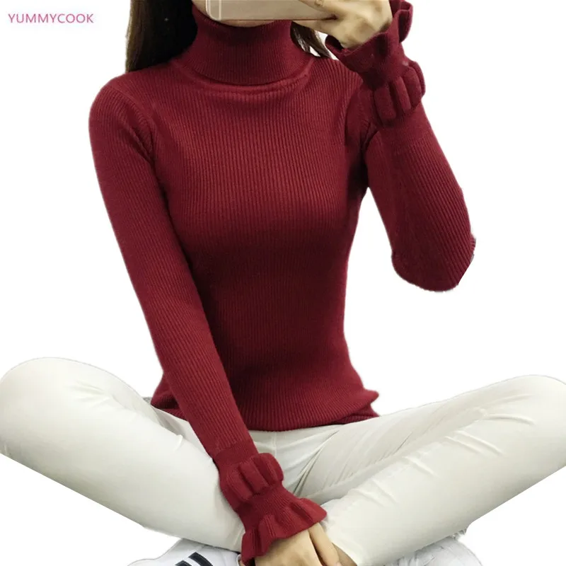 Turtleneck Warm Women Sweater Autumn Winter Knitted Femme Pull High Elasticity Soft Female Pullovers Ruffle sleeve 196 | Женская одежда