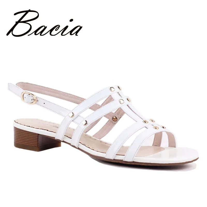 Фото Bacia/Элегантные однотонные белые кожаные сандалии с блестками летняя модная