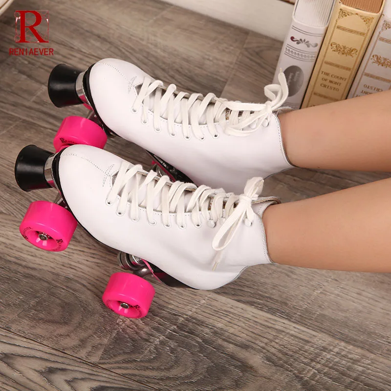 Фото RENIAEVER Roller Skates White Genuine Leather Double Line Lady Metal Base 4 Pink PU Wheels Two line Skating Shoes Patines | Спорт и