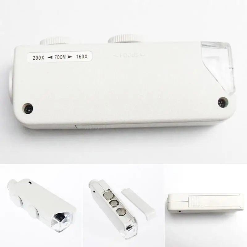 White Mini professional 160X-200X Magnification Zoom LED Lighted light lamp Pocket Microscope tool Magnifier Loupe
White Mini professional 160X-200X Magnification Zoom LED Lighted light lamp Pocket Microscope tool Magnifier Loupe