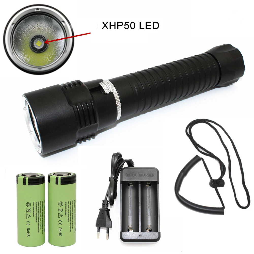 XHP50 Diving Flashlight LED Underwater Dive Flashlight Waterproof Torch Hard Light Lamp + 26650 Battery + Charger
XHP50 Diving Flashlight LED Underwater Dive Flashlight Waterproof Torch Hard Light Lamp + 26650 Battery + Charger