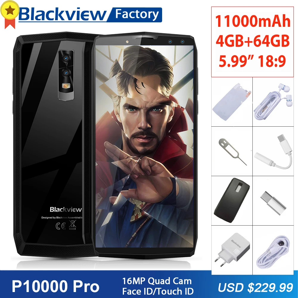 

Blackview P10000 Pro 11000mAh Mobile phone 16MP 4 Cameras Face ID 5.99"FHD+ Smartphone 4GB+64GB Fingerprint ID Cell phone 4G LTE