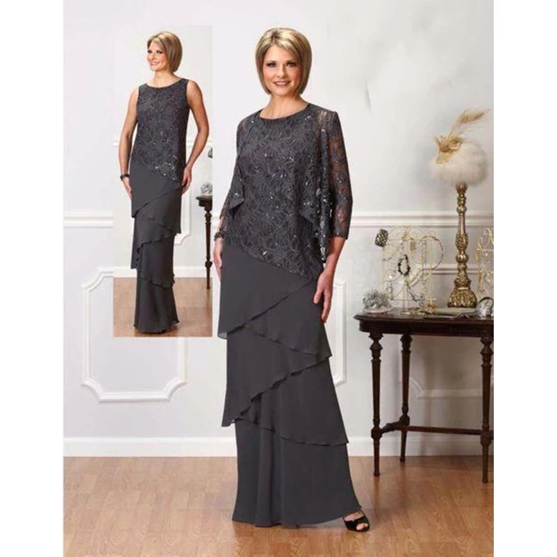 

Dark Grey Elegant Mother Of The Bride Suits Sparkly Sequins Sheath Chiffon Tiered Skirts With Jacket for Weddings Mothers Dress