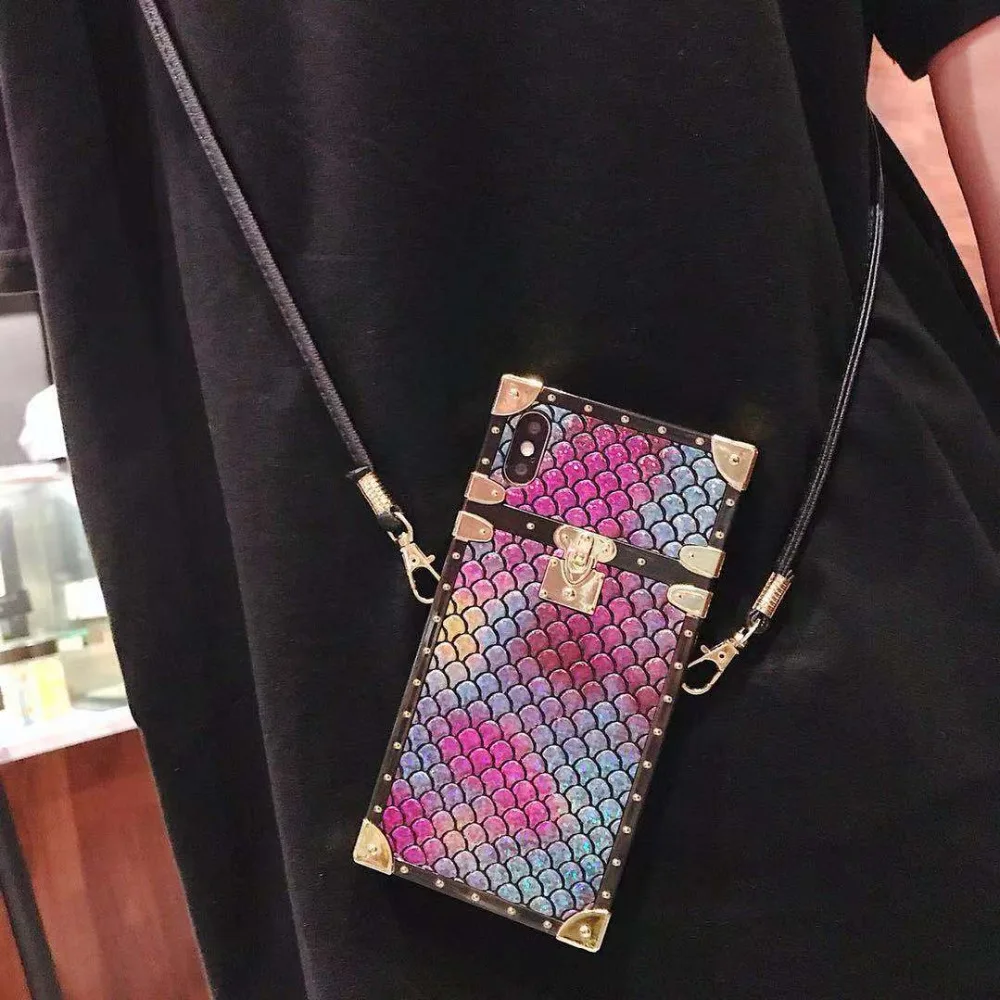 Square Phone Case with Strap Crossbody Long Chain for Iphone XR XSMax 6S 8 7 plus Fashion Colored fish scales luxury Back cover
Square Phone Case with Strap Crossbody Long Chain for Iphone XR XSMax 6S 8 7 plus Fashion Colored fish scales luxury Back cover