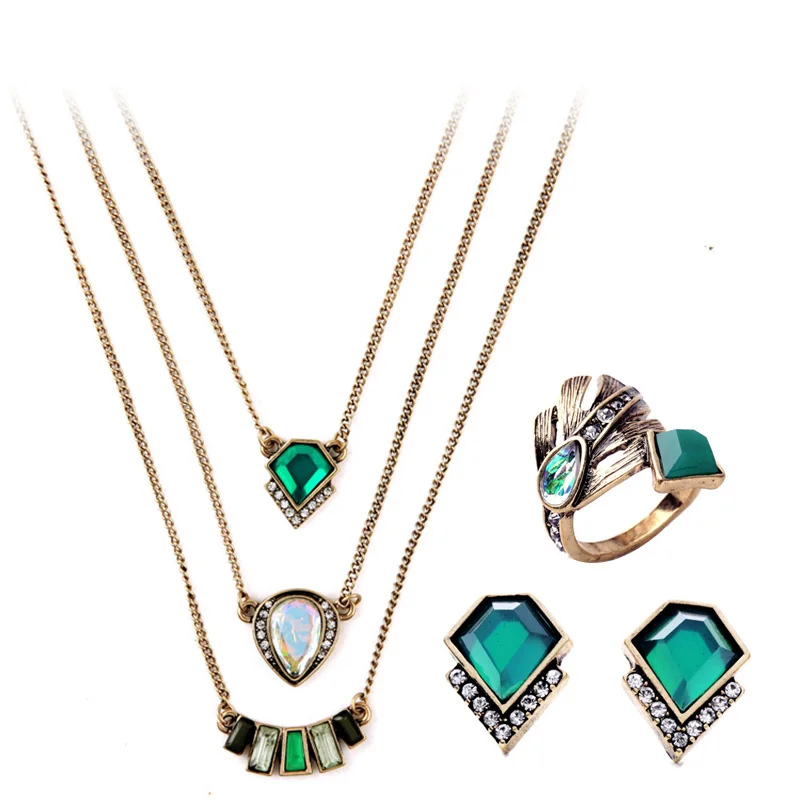 2018 New 11.11 Green Acrylic Antique Gold Color Geometric 3 chains Pendant Stud Earrings Necklace Ring Set
2018 New 11.11 Green Acrylic Antique Gold Color Geometric 3 chains Pendant Stud Earrings Necklace Ring Set
