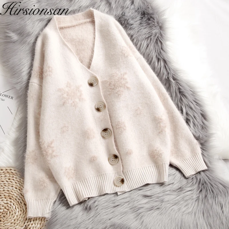 Hirsionsan Snowflake Sweater Women Elegant Cashmere Mohair Cardigan Autumn Winter Jumper Knitted Loose V Neck Soft Female Tops
Hirsionsan Snowflake Sweater Women Elegant Cashmere Mohair Cardigan Autumn Winter Jumper Knitted Loose V Neck Soft Female Tops