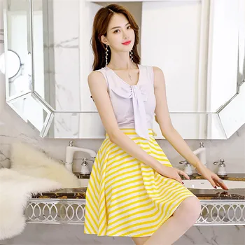 Two Piece Set Women Korean Bow Collar Tops and Yellow White Stripe High Waist Skirts Set 2019 New Summer Fashion Clothing CX934
Two Piece Set Women Korean Bow Collar Tops and Yellow White Stripe High Waist Skirts Set 2019 New Summer Fashion Clothing CX934