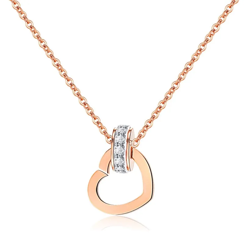 Фото Sweet Pendant Necklaces Heart Rose Gold Stainless Steel Round Pure White Cubic Zircon Link Chain Romantic Designer Women Jewelry | Украшения