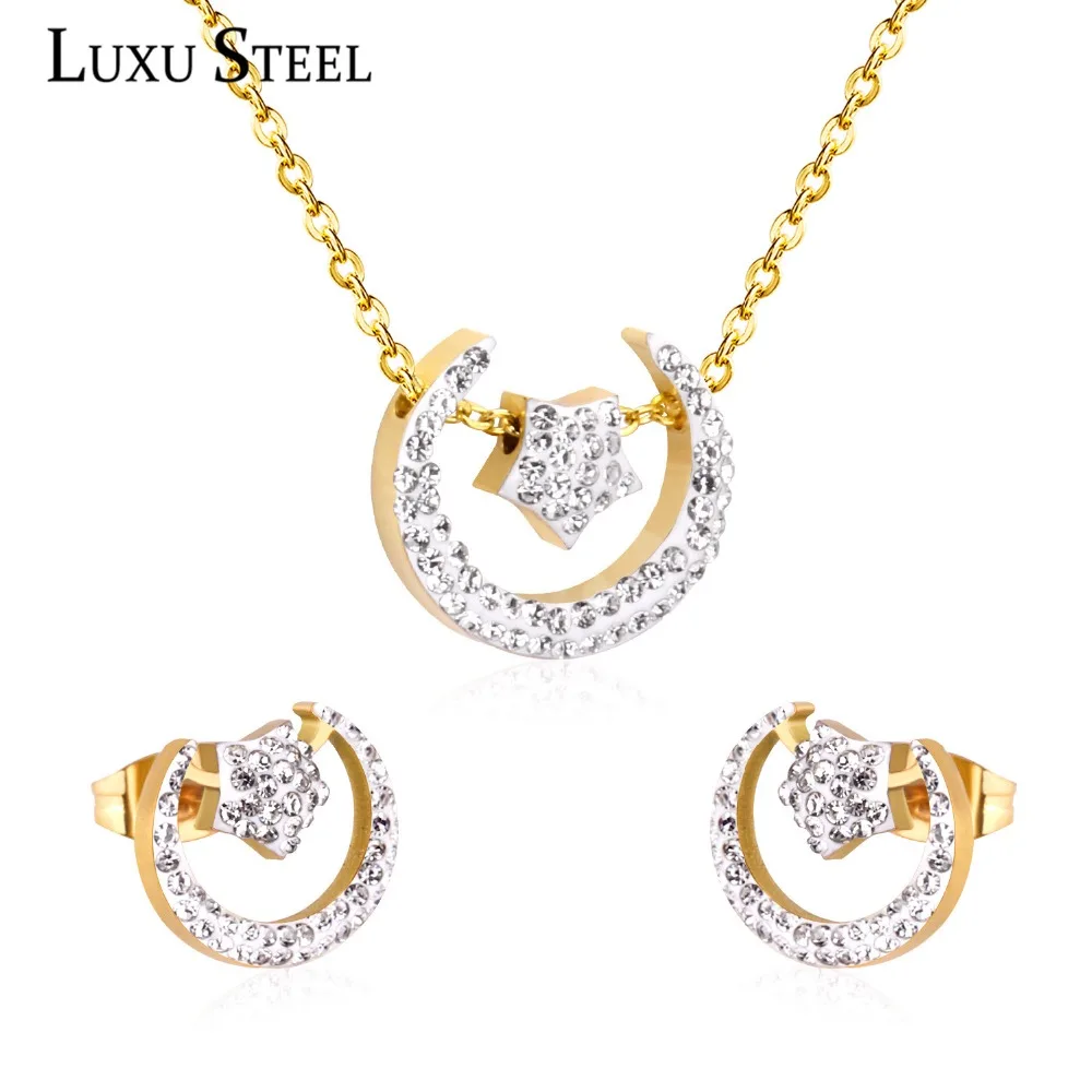 LUXUSTEEL Crystal Jewelry Sets Stainless Steel Gold/Silver Color Moon and Satr Pendant Necklace Stud Earring Jewelry Bijoux
LUXUSTEEL Crystal Jewelry Sets Stainless Steel Gold/Silver Color Moon and Satr Pendant Necklace Stud Earring Jewelry Bijoux