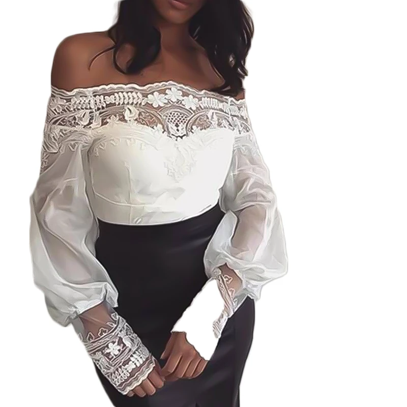 Womens Tops and Blouses One-necked Strapless Lace Stitching Off Shoulder Top Long Sleeve Ladies Tops Through Women Sexy Shirt
Womens Tops and Blouses One-necked Strapless Lace Stitching Off Shoulder Top Long Sleeve Ladies Tops Through Women Sexy Shirt