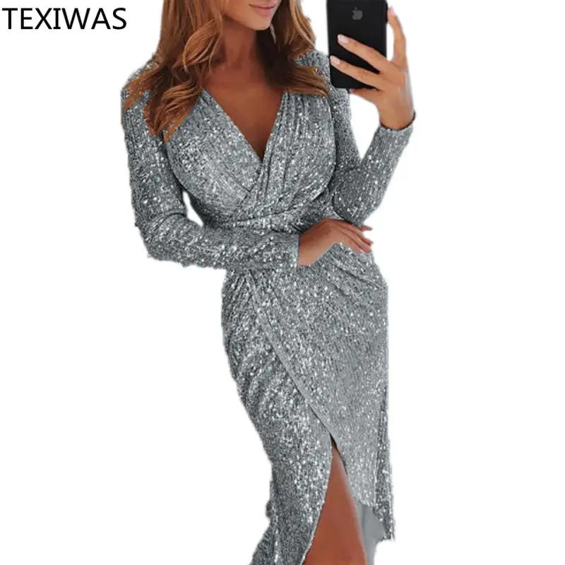 TEXIWAS Shining Twist pleat Sequin Maxi Dress Women Sexy High Split Long party Dress 2019 spring V Neck bodycon Dresses Vestidos
TEXIWAS Shining Twist pleat Sequin Maxi Dress Women Sexy High Split Long party Dress 2019 spring V Neck bodycon Dresses Vestidos