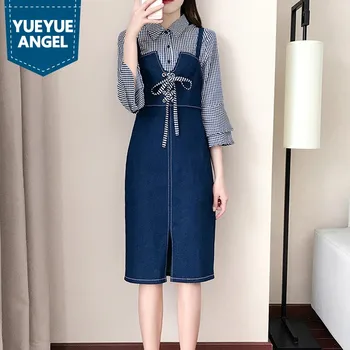 Spring New Women Lapel Collar Striped Shirts Lace Up Slim Waist Suspender Dress Two Piece Set Knee Length Casual Denim Suit
Spring New Women Lapel Collar Striped Shirts Lace Up Slim Waist Suspender Dress Two Piece Set Knee Length Casual Denim Suit