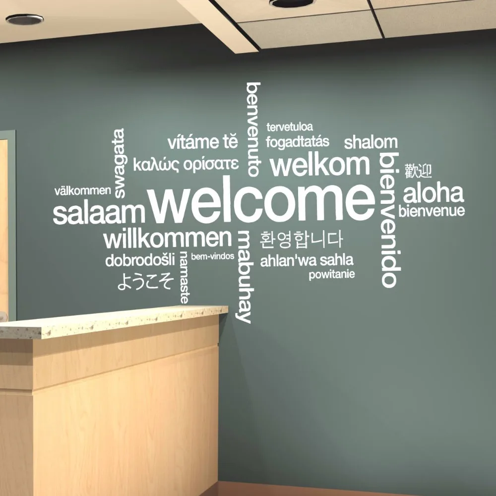 

Welcome Sign Wall Art Decals Various Language Wall Poster Office Shop Window Decoration Welcome Design Vinyl Wall Sticker AZ461