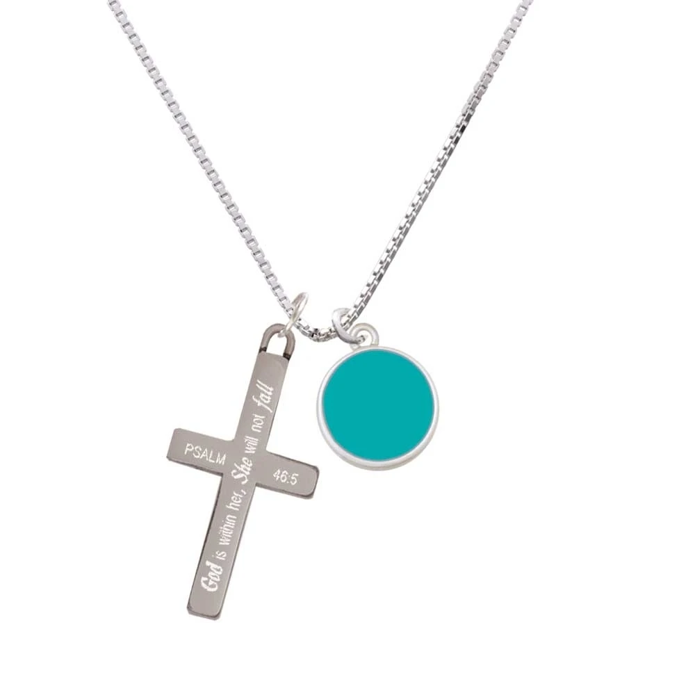 Small Teal Enamel Disc - She will not Fall - Cross Necklace