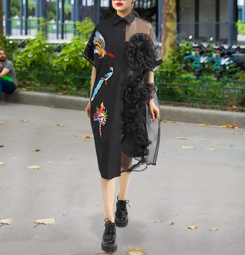 Summer Women Black Midi Mesh Shirt Dress Plus Size Ruffle Bird Embroidery Lady Sheer Cute Dress Party Dress Robe Style
Summer Women Black Midi Mesh Shirt Dress Plus Size Ruffle Bird Embroidery Lady Sheer Cute Dress Party Dress Robe Style