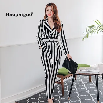 2 Piece Set 2018 Autumn Women Black Full Long Sleeve Turn-down Collar Asymmetrical Suit Striped Office Top and Casual Work Pants
2 Piece Set 2018 Autumn Women Black Full Long Sleeve Turn-down Collar Asymmetrical Suit Striped Office Top and Casual Work Pants