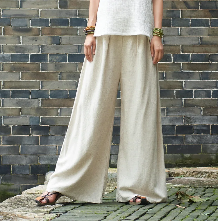 LZJN 2019 Spring Summer Culottes Pants Vintage Cotton Linen Pants Loose Full Length Trousers Women Wide Leg Pants White 3 Colors (18)