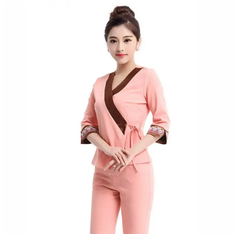 

Pink Cotton Coverall Entertainment Dress SPA Salon technician uniform Massage service staff dressing including Top& Trousers