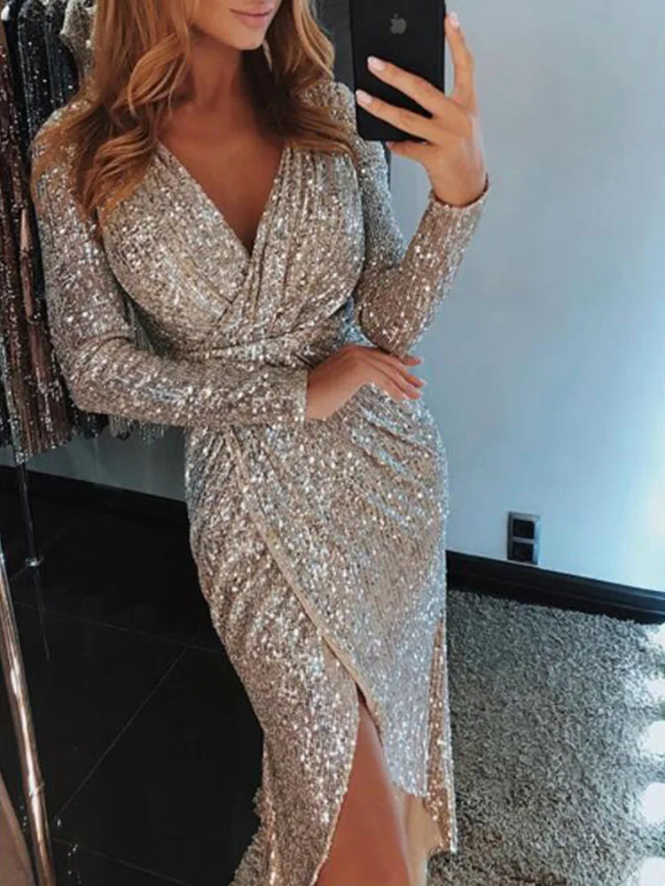 S-3XL Sexy V-neck High Slit Party Dress Women Glitter Sequined Bodycon Dresses Autumn Long Sleeve Midi Tunic Dress Vestidos
S-3XL Sexy V-neck High Slit Party Dress Women Glitter Sequined Bodycon Dresses Autumn Long Sleeve Midi Tunic Dress Vestidos