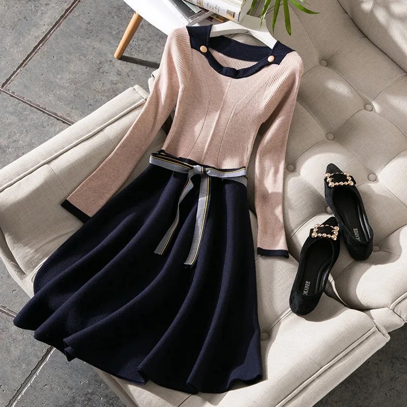 New 2017 autumn winter fashion women elegant color block knitted dress a-line long sleeve bow waist warm dresses
New 2017 autumn winter fashion women elegant color block knitted dress a-line long sleeve bow waist warm dresses