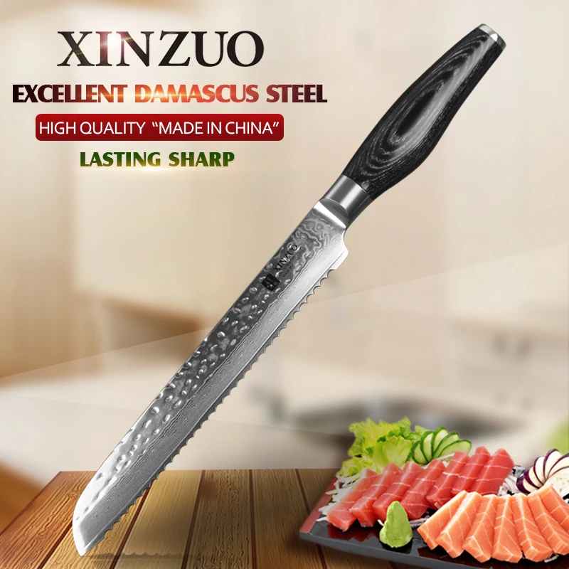XINZUO 8" inch Serrated Knife Japanese VG10 Damascus Steel Super Sharp Kitchen Bread Knife Steel Cooking Tools Pakkawood Handle
XINZUO 8" inch Serrated Knife Japanese VG10 Damascus Steel Super Sharp Kitchen Bread Knife Steel Cooking Tools Pakkawood Handle