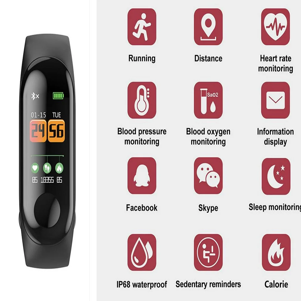blood pressure M3C Smart Bracelet Measuring Heart Rate Pedometer Waterproof and Wear-resistant Sports Bracelet for Android Apple
blood pressure M3C Smart Bracelet Measuring Heart Rate Pedometer Waterproof and Wear-resistant Sports Bracelet for Android Apple