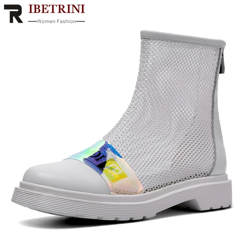 

RIBETRINI Ins Hot Hipster Genuine Leather Shoes Mesh Ankle Boots Woman Summer Sheepskin Insole Boots Women Large Size 33-42