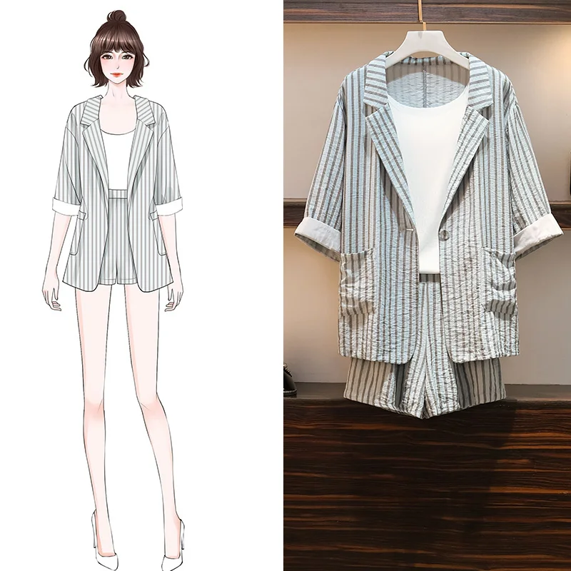 Summer stripe Three piece set women plus size Vest +Jacket +Shorts Korean simple Loose Suit 3 Piece Outfits Women clothes
Summer stripe Three piece set women plus size Vest +Jacket +Shorts Korean simple Loose Suit 3 Piece Outfits Women clothes