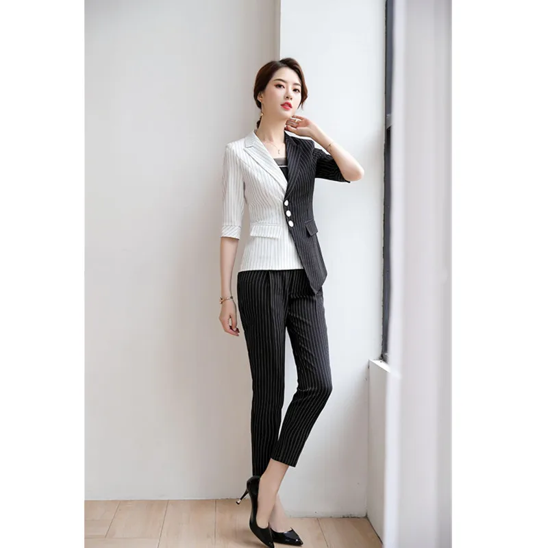 1.1 2、85、British style white black color matching suit jacket striped suit jacket women's shirt and pants elegant suit half sleeve stitching jacket