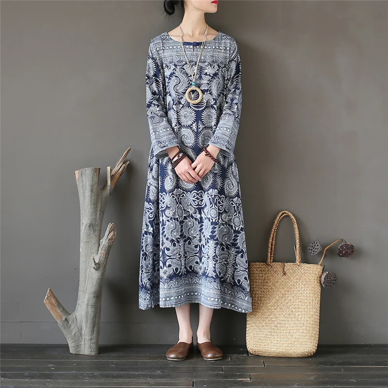 

Johnature Women Vintage Dress Long Sleeve Spring Robes Blue And White O-Neck 2019 New Cotton Linen Women Cloths Loose Dress