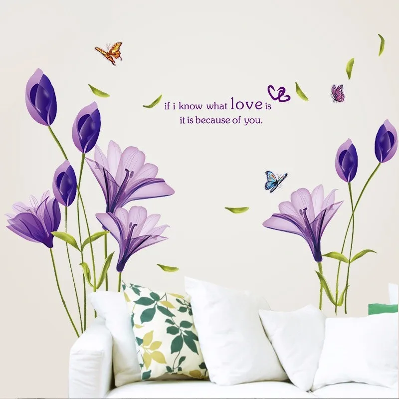 Romantic Purple Tulips Flowers Love Wall Stickers Living Room Bedroom Garden butterfly Wall Decals Home Decor adesivo de parede
Romantic Purple Tulips Flowers Love Wall Stickers Living Room Bedroom Garden butterfly Wall Decals Home Decor adesivo de parede