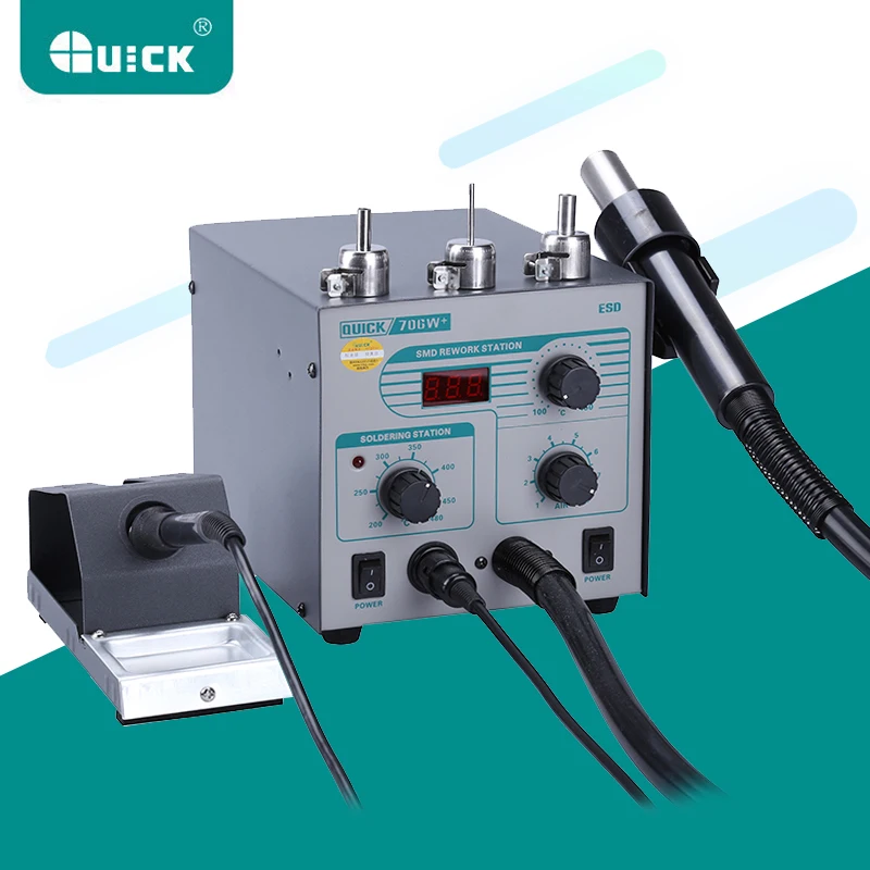 QUICK 706W+ 110V/220V 2 in 1 Digital Display Rework Station Hot Air Gun Electric Soldering Iron Lead free Soldering Station
QUICK 706W+ 110V/220V 2 in 1 Digital Display Rework Station Hot Air Gun Electric Soldering Iron Lead free Soldering Station