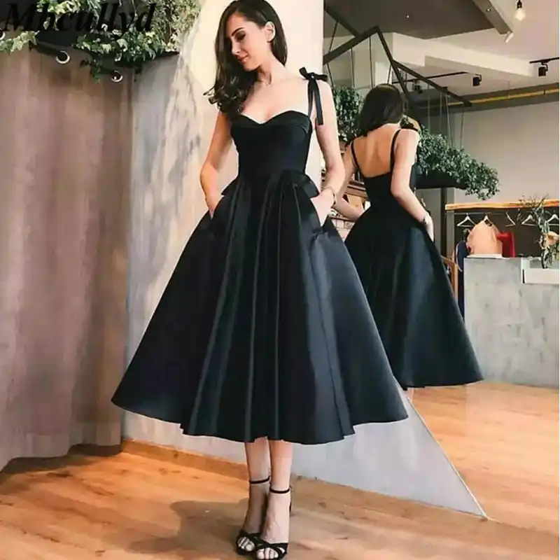 black tea length bridesmaid dresses