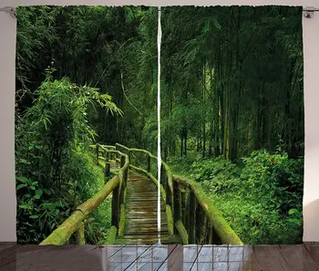 

Jungle Decor Curtains Fresh Tropical Thailand Forest with Wooden Bridge Foliage Meditation Calm Landscape Living Room Bedroom