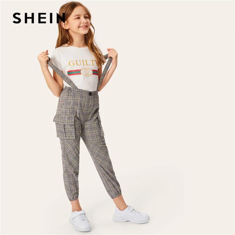 

SHEIN Kiddie Girls Brown Flap Pocket Side Plaid Pants With Strap Child 2019 Summer Preppy Button Front Teenager Casual Jumpsuits